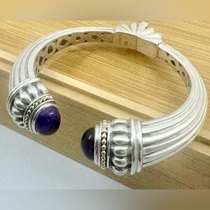 LAGOS CAVIAR Sterling Silver 18K Gold Amethyst Cabochon Hinged Cuff Bracelet; 7